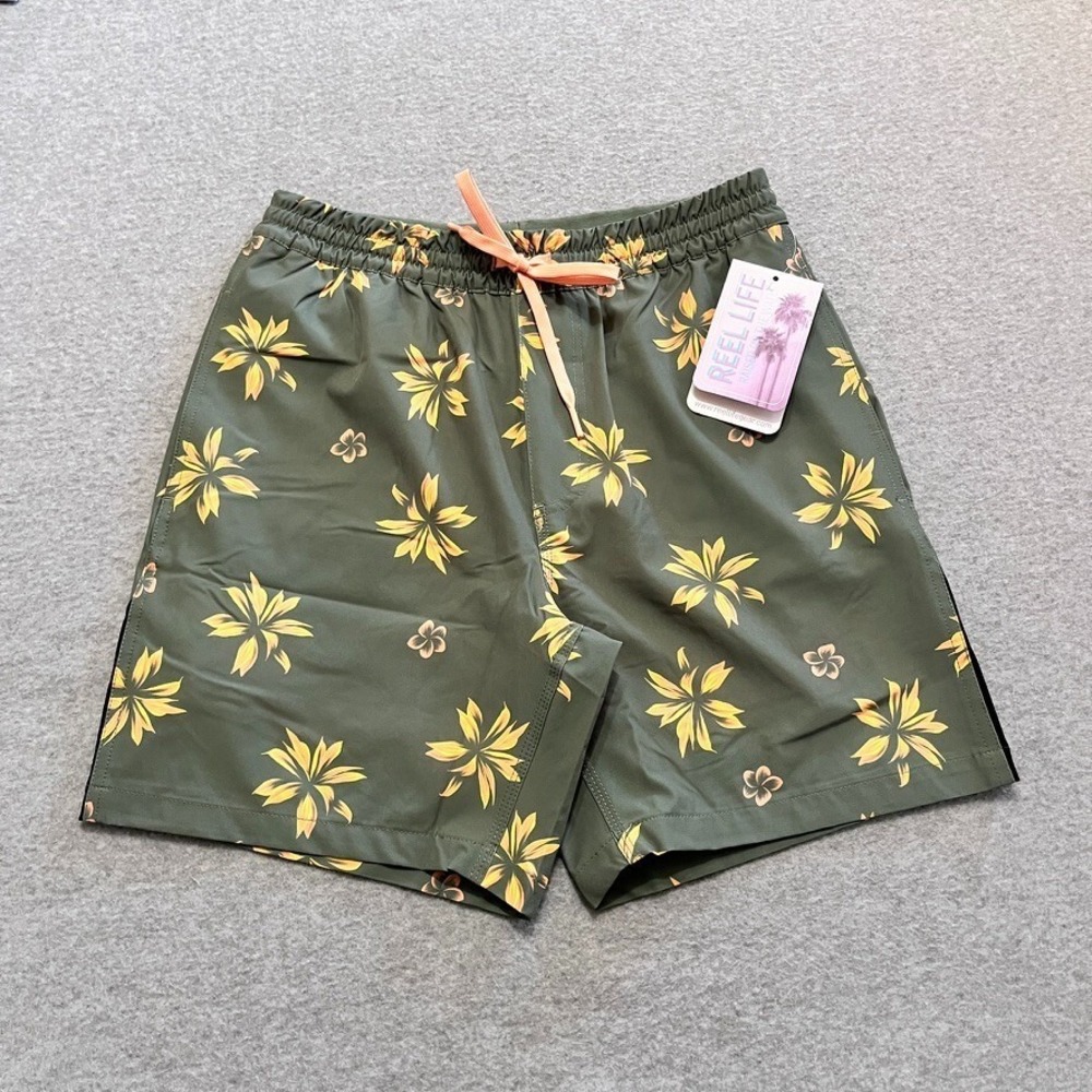 Reel Life Swimming Trunks Mens Small Green Vortex Trunk Lined Flowered New